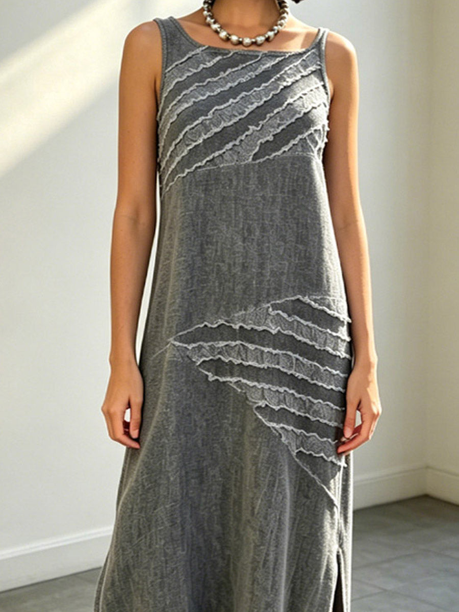 Vestido largo sin mangas de algodón y lino para mujer, suelto, artístico y casual con diseño combinado.