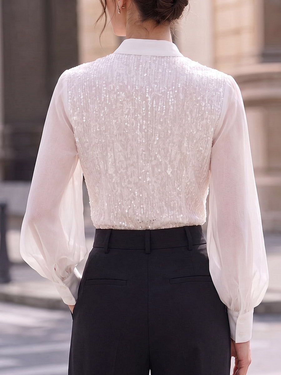 Damebluse i ensfarget chiffon med V-hals, langermet, løs passform og paljettpaneler, casual stil