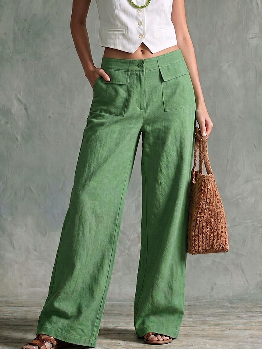 Pantaloni da donna a tinta unita, vita alta, vestibilità ampia, in cotone e lino, a gamba larga