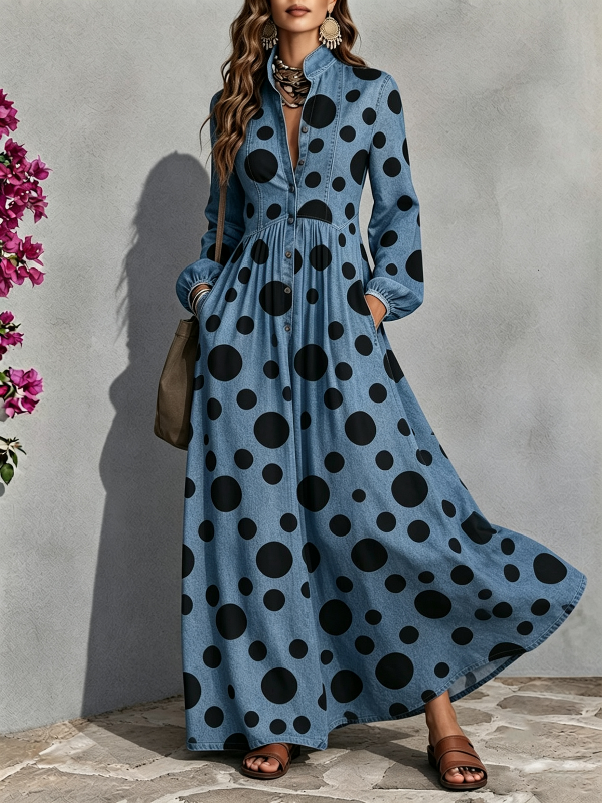 Jeanskleid mit großen Polka Dots, Stehkragen, durchgehender Knopfleiste, Falten-Details, langen Laternenärmeln und einem knöchellangen, weit schwingenden Rock.