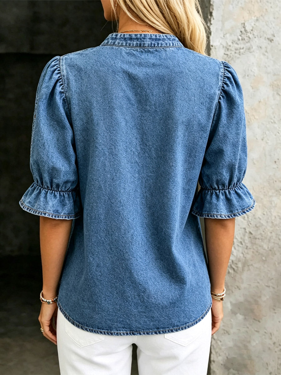 Camisa Casual de Manga Curta Solta em Denim com Estampa Floral Ruffle Hollow