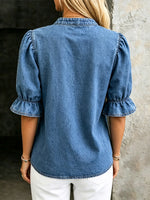 Camisa Casual de Manga Curta Solta em Denim com Estampa Floral Ruffle Hollow