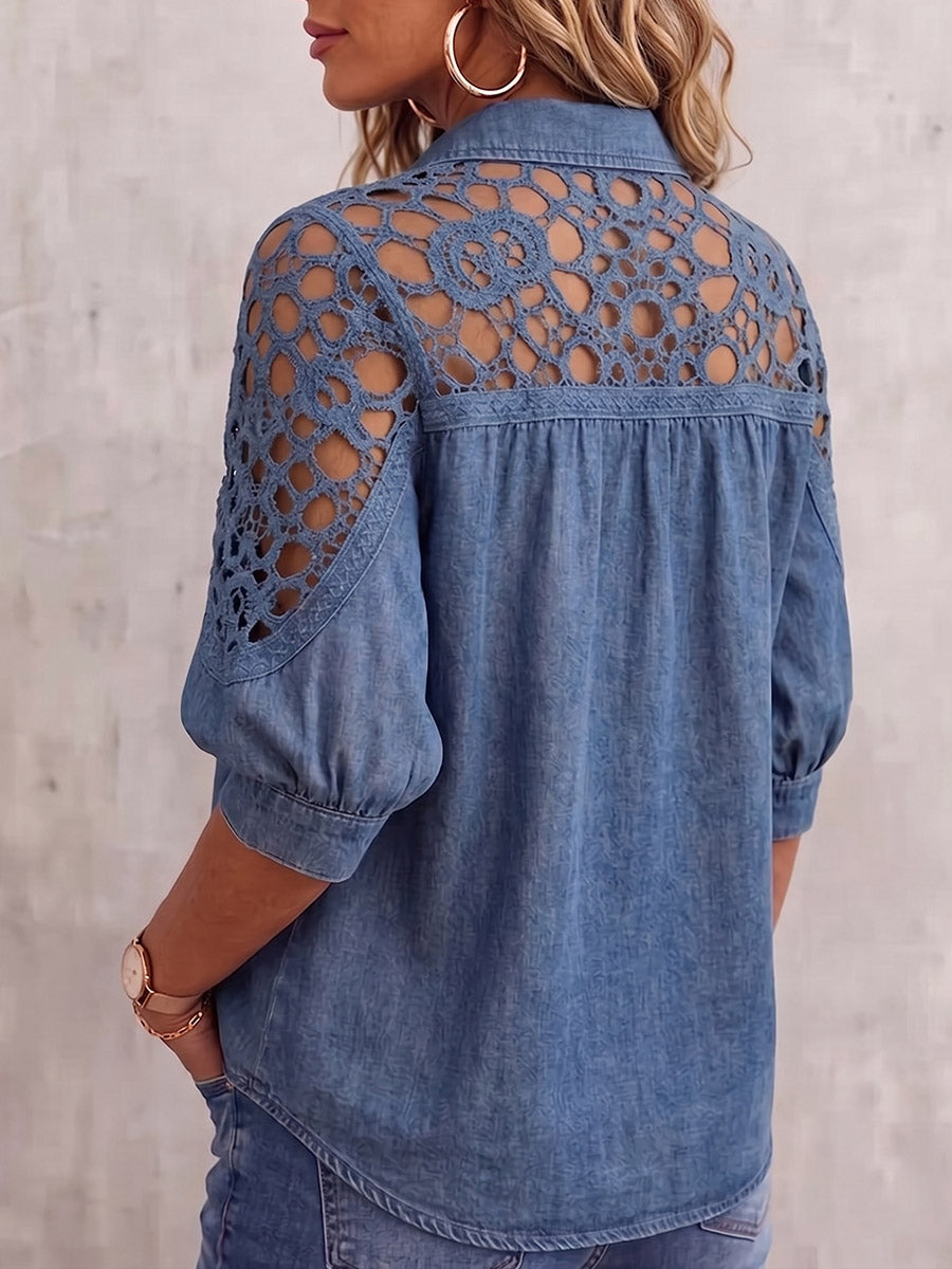 Camisa de encaje calada con parches de mezclilla vintage elegante