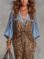 Vintage elegantes Denim-Kleid mit Cut-Outs, Spitzen-Patchwork und Chiffon