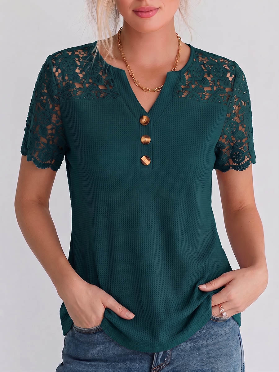 Damen Pullover mit V-Ausschnitt in Uni-Farbe, Waffelstrick, mit Spitzenstickerei – lässige, lockere Passform
