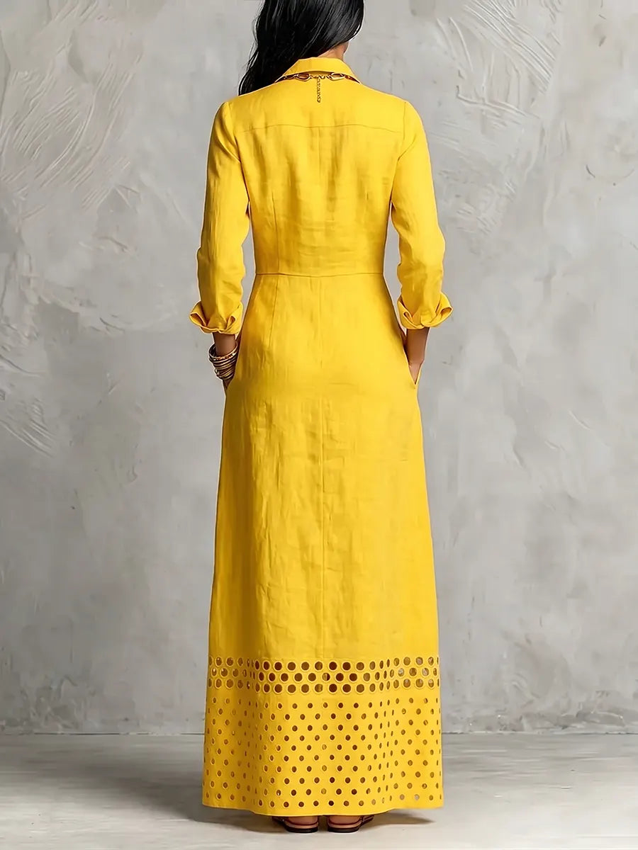 Maxikleid aus Baumwoll-Leinen mit ausgeschnittenem Saum in strahlendem Gelb