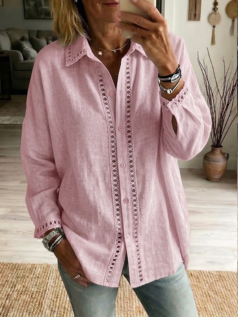 Camicia casual a maniche lunghe in lino e cotone con inserto in nastro traforato