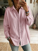 Camicia casual a maniche lunghe in lino e cotone con inserto in nastro traforato