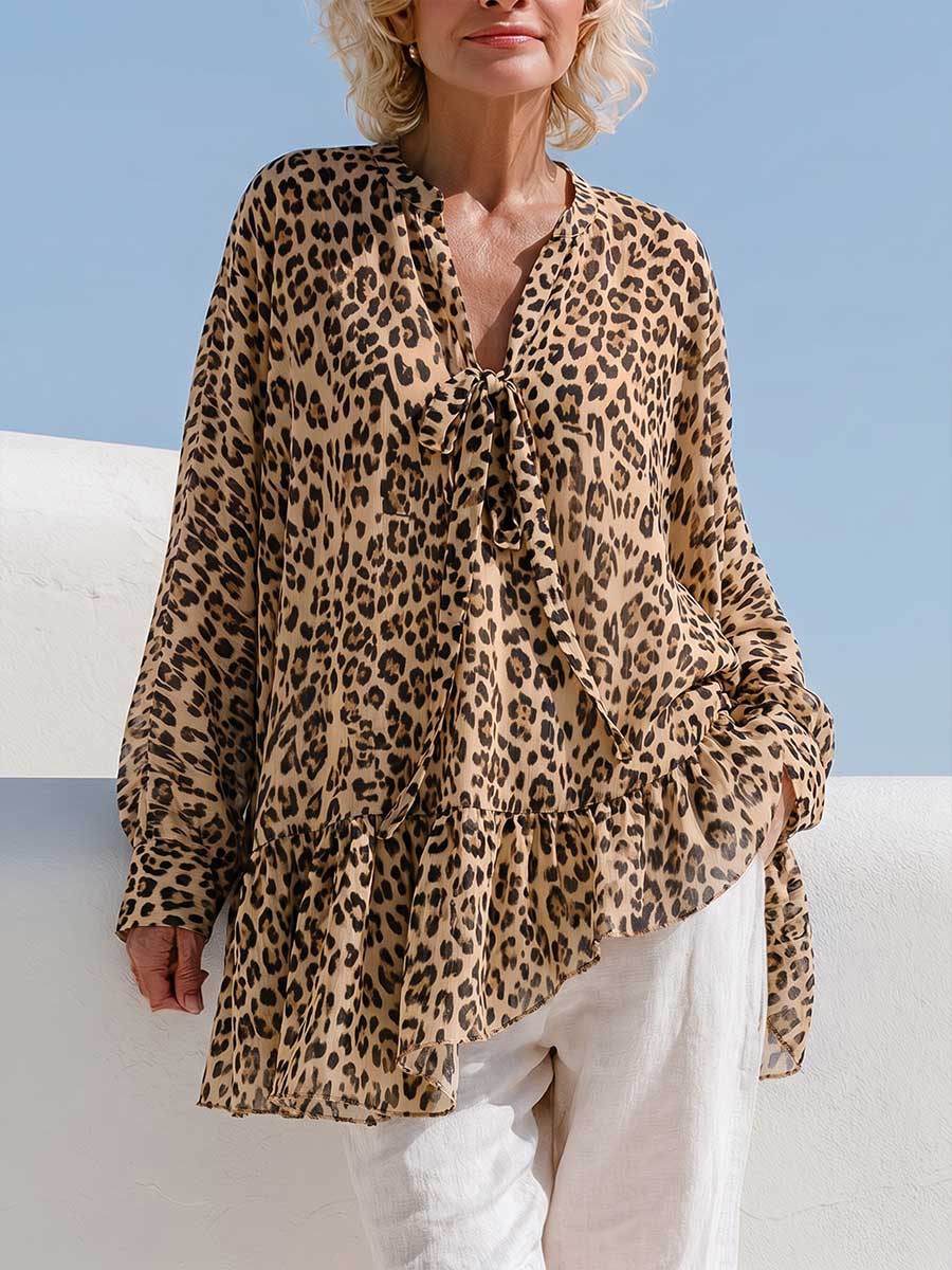 Damen Chiffon-Top mit Leopardenmuster, V-Ausschnitt, langen Ärmeln und lockerem, lässigem Schnitt