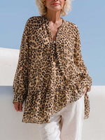 Damen Chiffon-Top mit Leopardenmuster, V-Ausschnitt, langen Ärmeln und lockerem, lässigem Schnitt