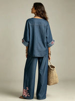 Boho-Chic Blumenbesticktes Tencel-Denim-Zweiteiler-Set