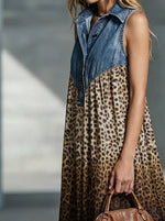 Abito lungo da donna in denim senza maniche con colletto, stampa leopardata a patchwork e tasche laterali