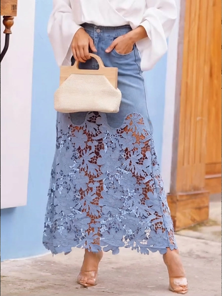 Gonna di jeans con pizzo patchwork, elegante e casual