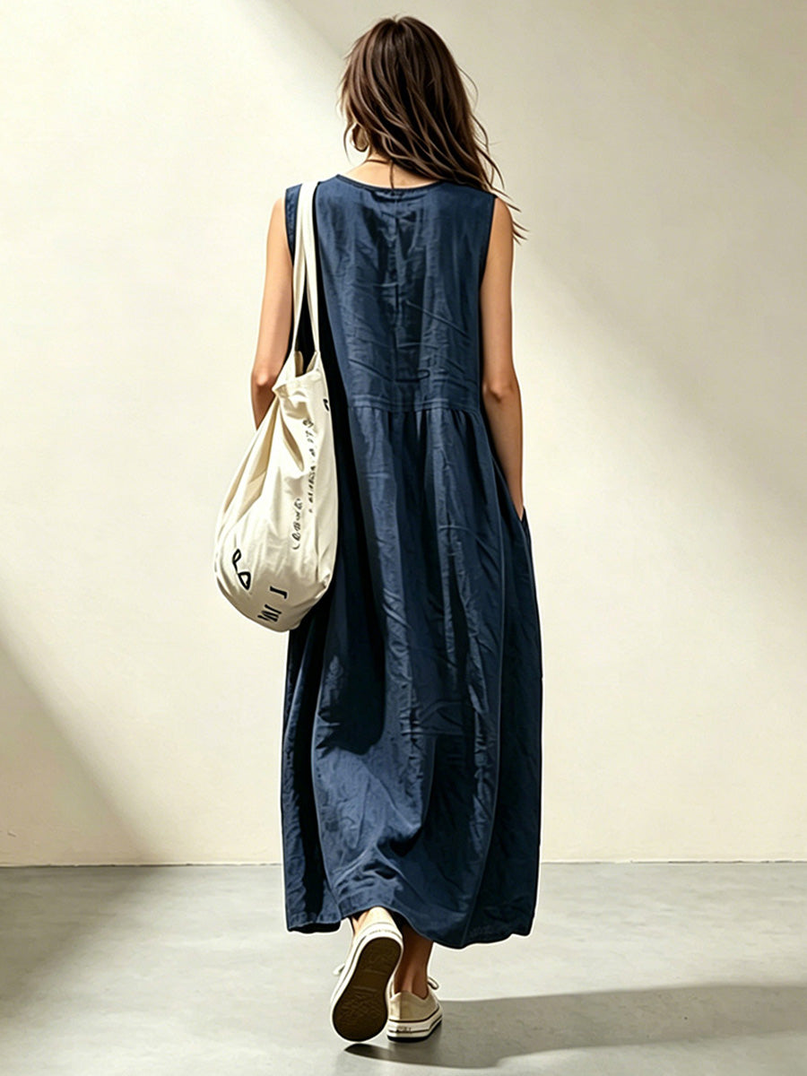 Vestido folgado sem mangas em algodão-linho com bolsos 3D