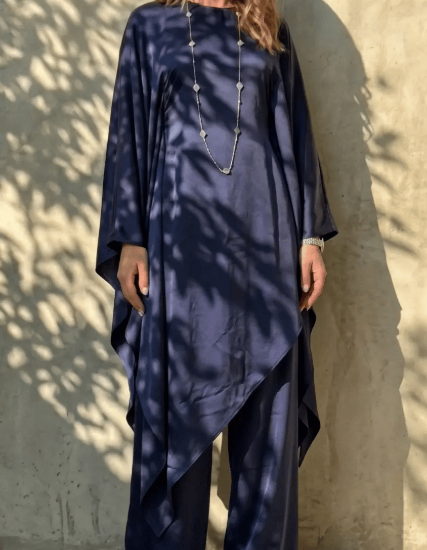 Ensemble deux pièces en satin pour femme, comprenant un haut long asymétrique à manches châle et un pantalon large