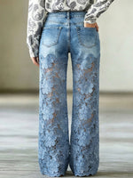 Damejeans med høy midje, blomsterblonde og brede ben i denim