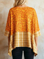 Vintage Landhaus Orange Gelb Leopardenmuster Kontrast Karo Einsatz Rundhals Umschlagmanschette 3/4-Arm Asymmetrische Überwurf-Tunika
