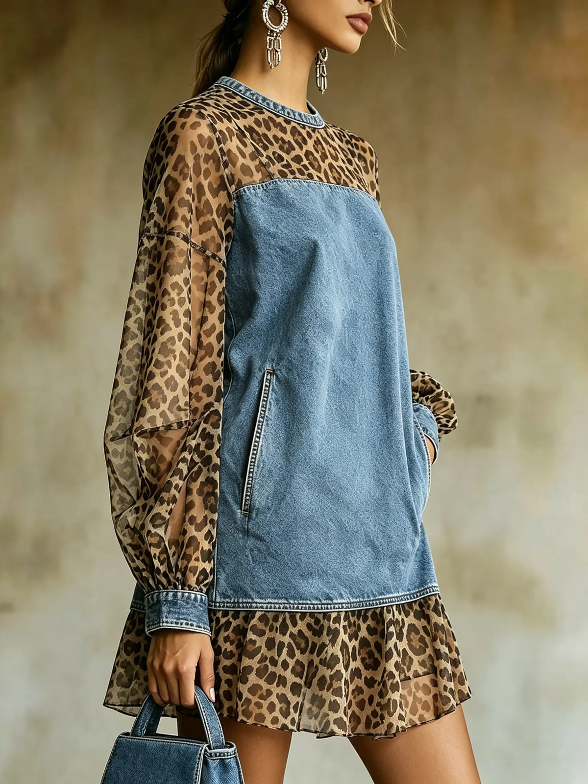 Vestito tunica in denim da donna con pannelli in rete leopardata