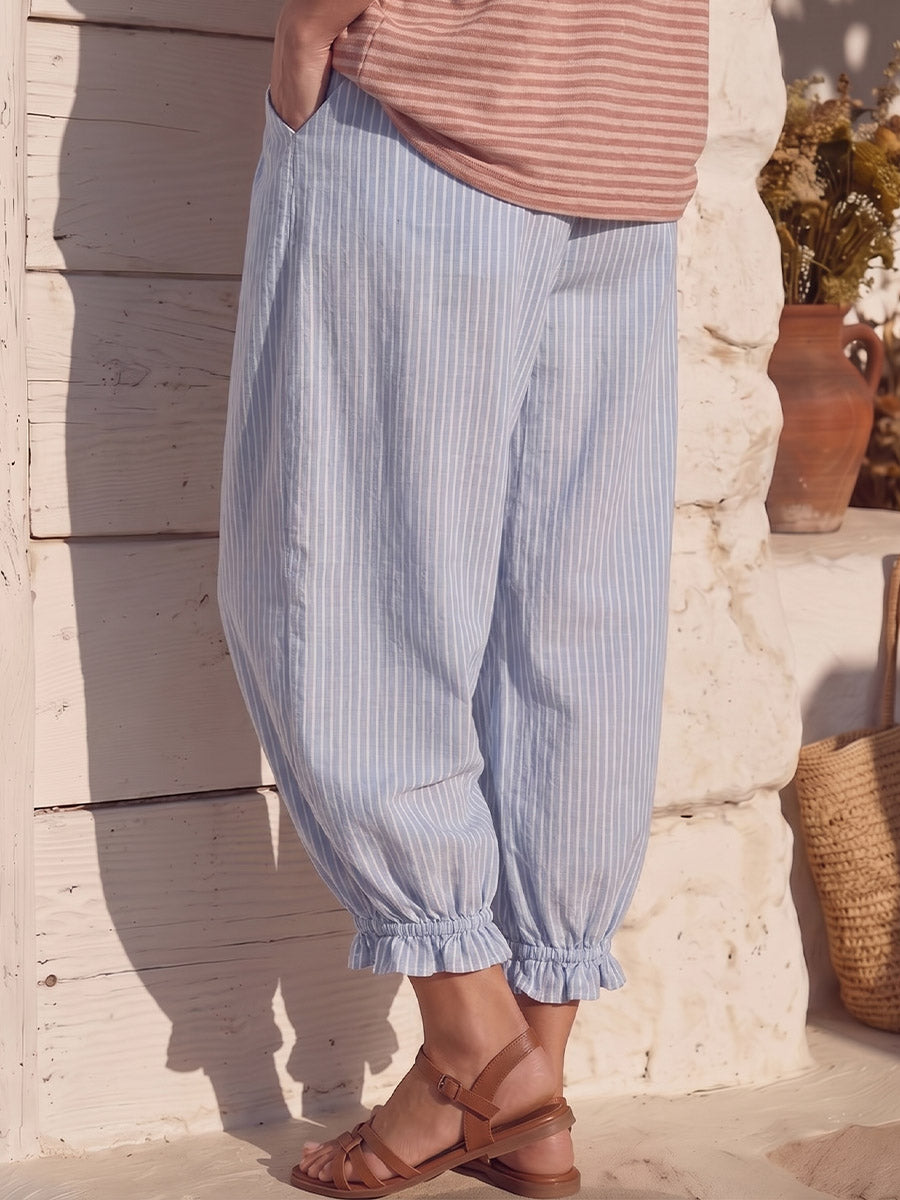Pantaloni vintage in cotone e lino, tessuti estivi confortevoli con righe a contrasto