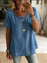 Top casual in denim di cotone con rifinitura a taglio