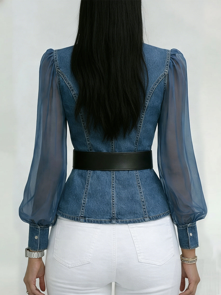Elegantes, schlank geschnittenes Denim-Oberteil mit Organza-Ärmeln.