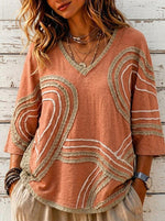 Damen Bluse im Boho-Stil mit V-Ausschnitt, Fransen, Stickerei, 3/4-Ärmeln und Rostfarbe