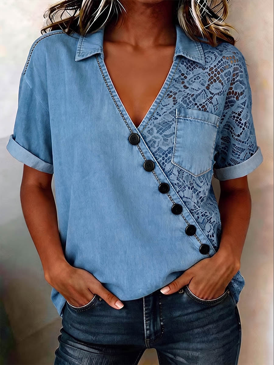 Top décontracté pour femme à manches courtes, coupe ample, avec empiècement en dentelle et col.