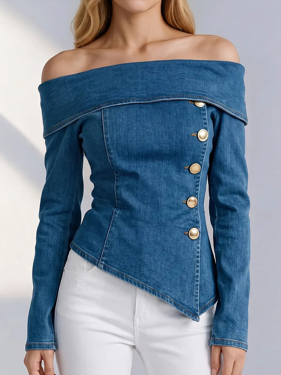 Zeitgenössisches Denim-Top mit asymmetrischem, schulterfreiem Knopfverschluss