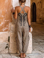 Damen Jumpsuit mit V-Ausschnitt, ärmellos und weitem Bein – lässig, locker sitzend aus Baumwoll-Leinen-Mischung mit platziertem Druck