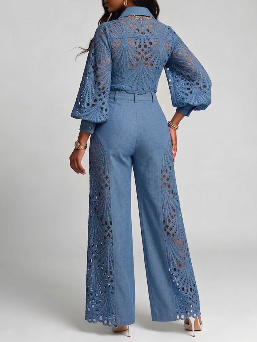 Conjunto casual de dos piezas: camisa de mezclilla con paneles de encaje y pantalones