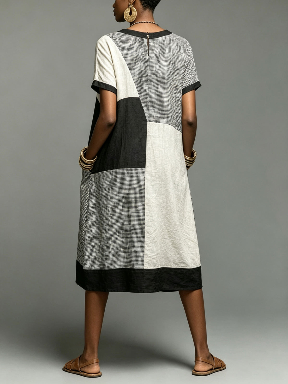 Robe midi pour femmes en lin mélangé à motif géométrique à blocs de couleurs avec poches