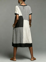 Robe midi pour femmes en lin mélangé à motif géométrique à blocs de couleurs avec poches