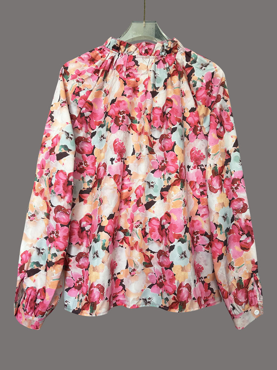 Camicia casual a maniche lunghe con motivo floreale elegante retrò e vestibilità ampia