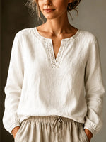 Elegante Bluse mit V-Ausschnitt aus Leinenmischung und Spitzenbesatz