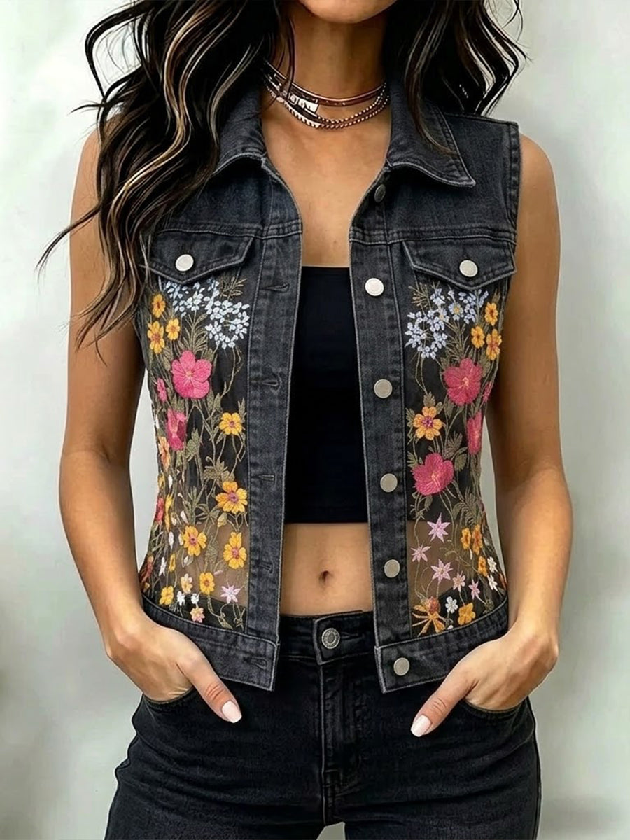 Gilet di jeans casual alla moda con pizzo ricamato e patchwork