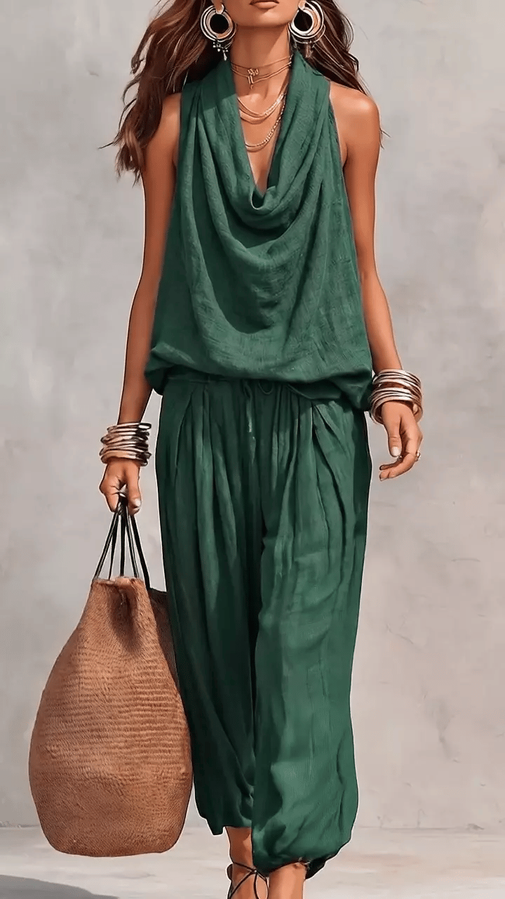 Tuta casual da donna con collo all'americana e pantaloni a gamba larga con scollo a cappuccio