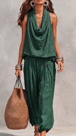 Tuta casual da donna con collo all'americana e pantaloni a gamba larga con scollo a cappuccio