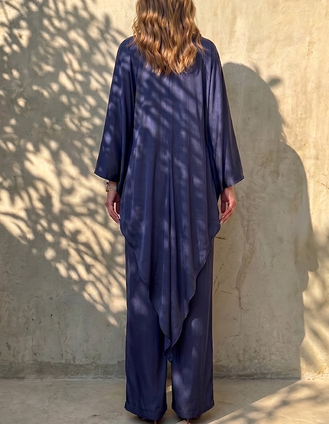 Ensemble deux pièces en satin pour femme, comprenant un haut long asymétrique à manches châle et un pantalon large