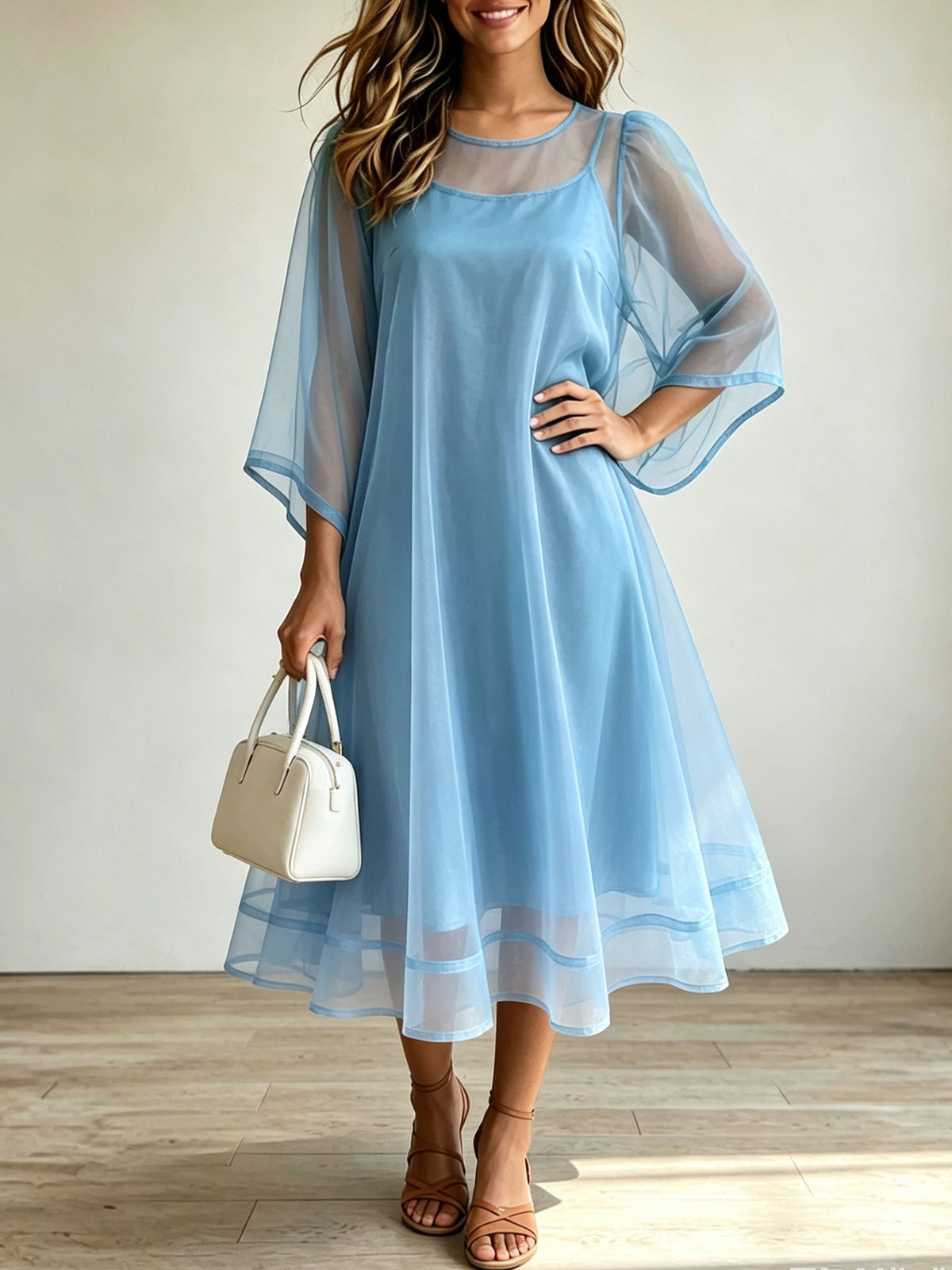 Conjunto de vestido midi de vuelo para mujer con mangas acampanadas de malla transparente de dos piezas