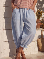Pantaloni vintage in cotone e lino, tessuti estivi confortevoli con righe a contrasto