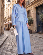 Dames satijnen blouse met kraag, aansluitend model en hoge taille wijde broek tweedelig set
