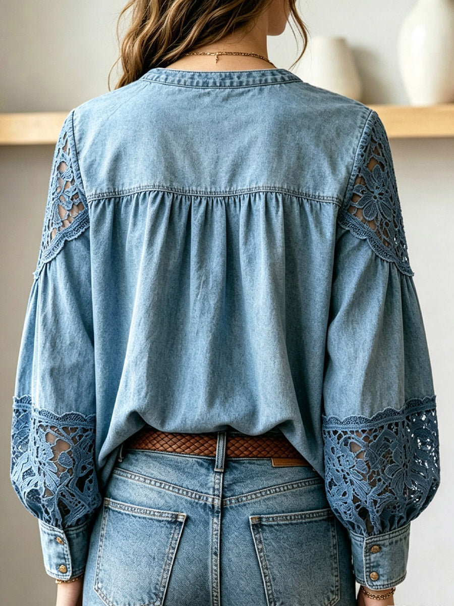 Chemise décontractée à manches longues en denim avec patchwork en dentelle ajourée florale rétro