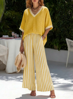 Completo casual due pezzi: top patchwork a righe in lino e cotone e pantaloni a righe