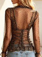 Camicia artistica casual elegante con maniche lunghe trasparenti e volant motivo leopardato retrò