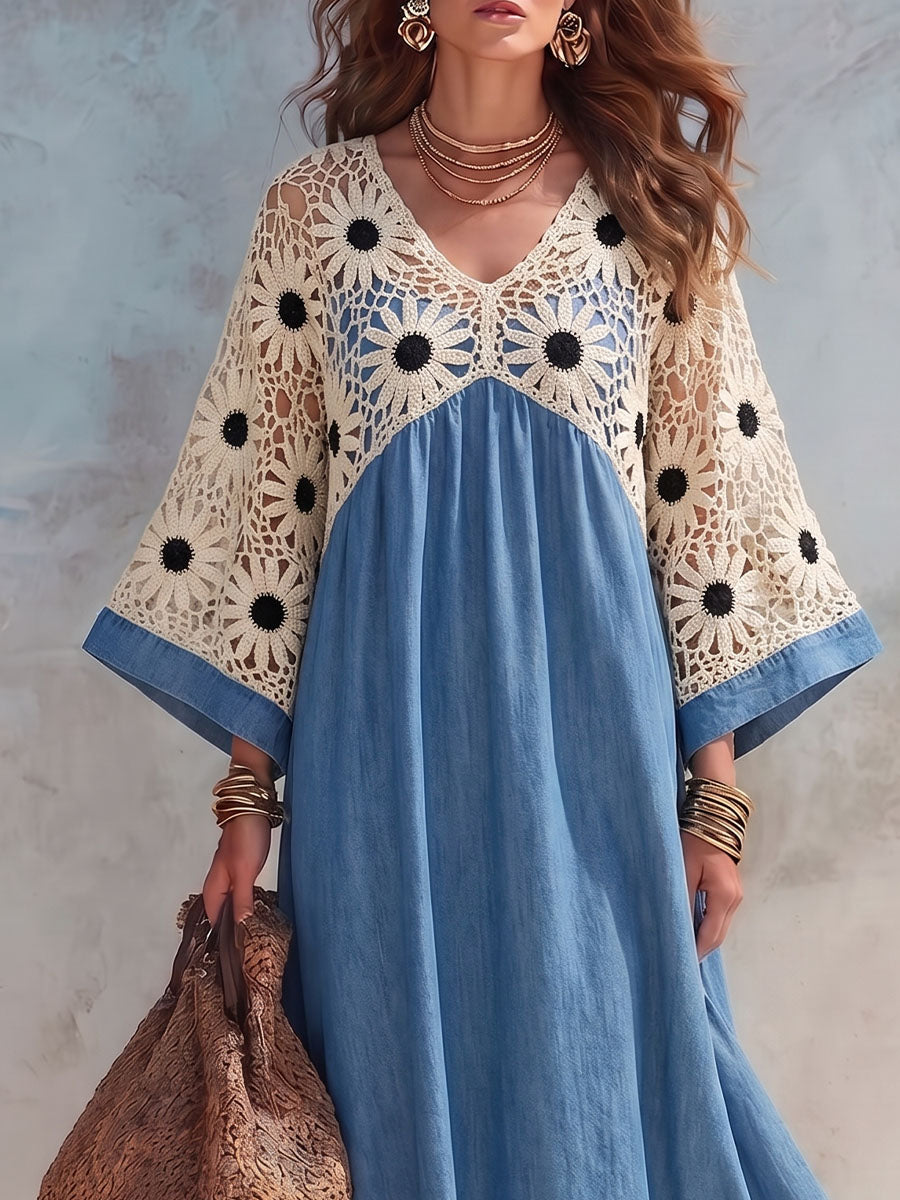 Vintage elegantes Jeanskleid mit Cut-Outs, Häkel- und Patchwork-Details