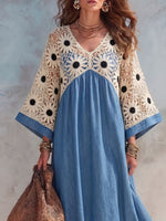 Vintage elegantes Jeanskleid mit Cut-Outs, Häkel- und Patchwork-Details