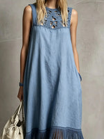 Damen Häkelkleid mit hohlem Muster, einfarbig, Quasten, ärmellos, Midi-Länge