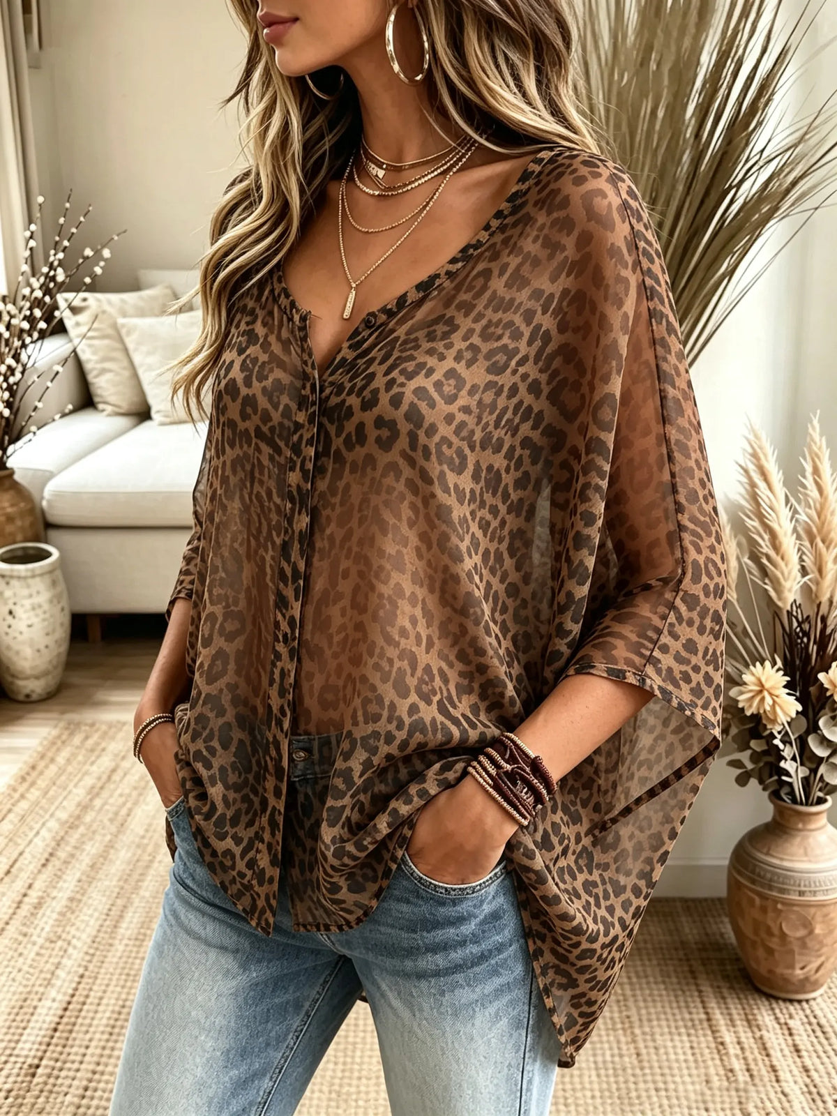 Blusa transparente de mujer con estampado de leopardo y botones delanteros