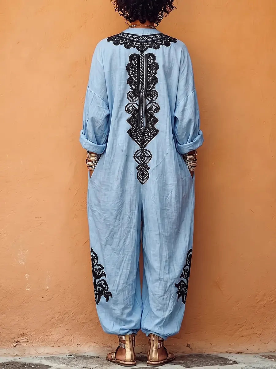 Boho-Chic Leinen-Jumpsuit mit V-Ausschnitt und Haremsschnitt