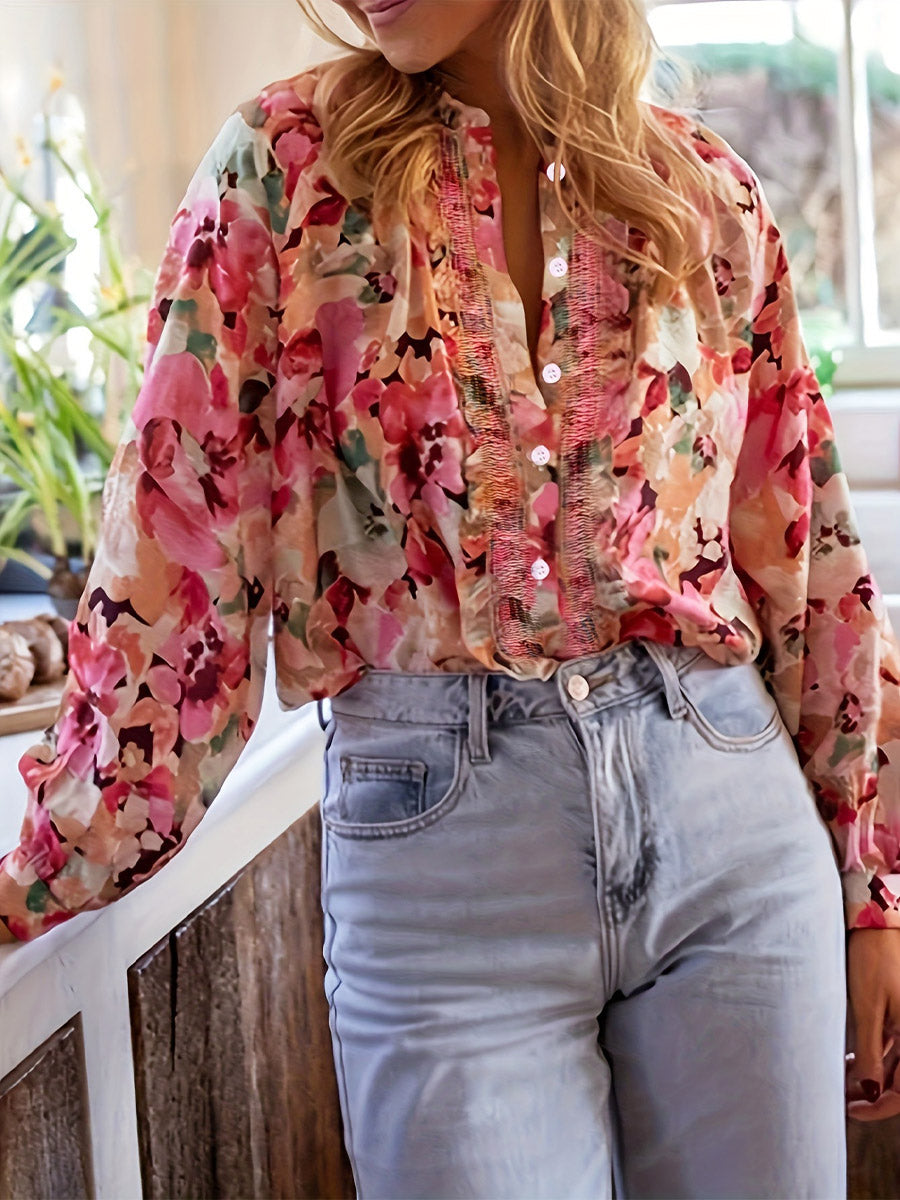 Camicia casual a maniche lunghe con motivo floreale elegante retrò e vestibilità ampia